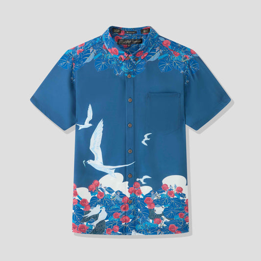 Manu-o-Kū & Hau Tree Blue Aloha Shirt (Iron Free)