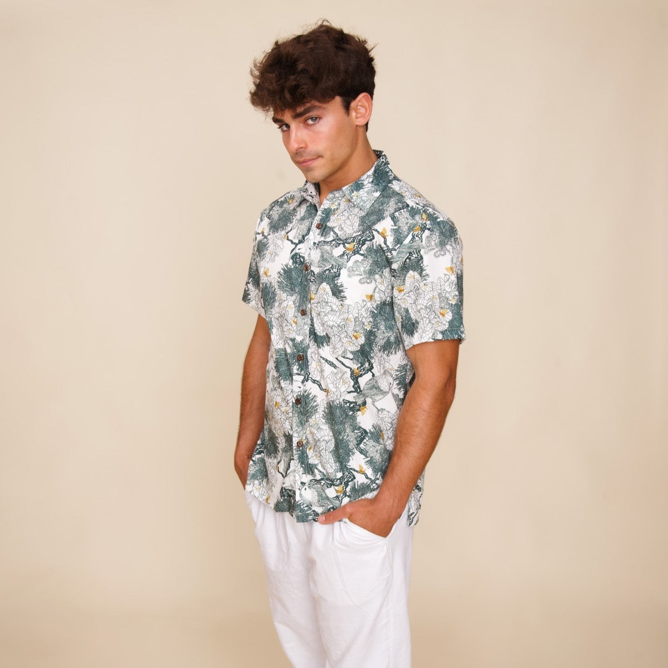 Kaniakapūpū Lehua Green on White Aloha Shirt