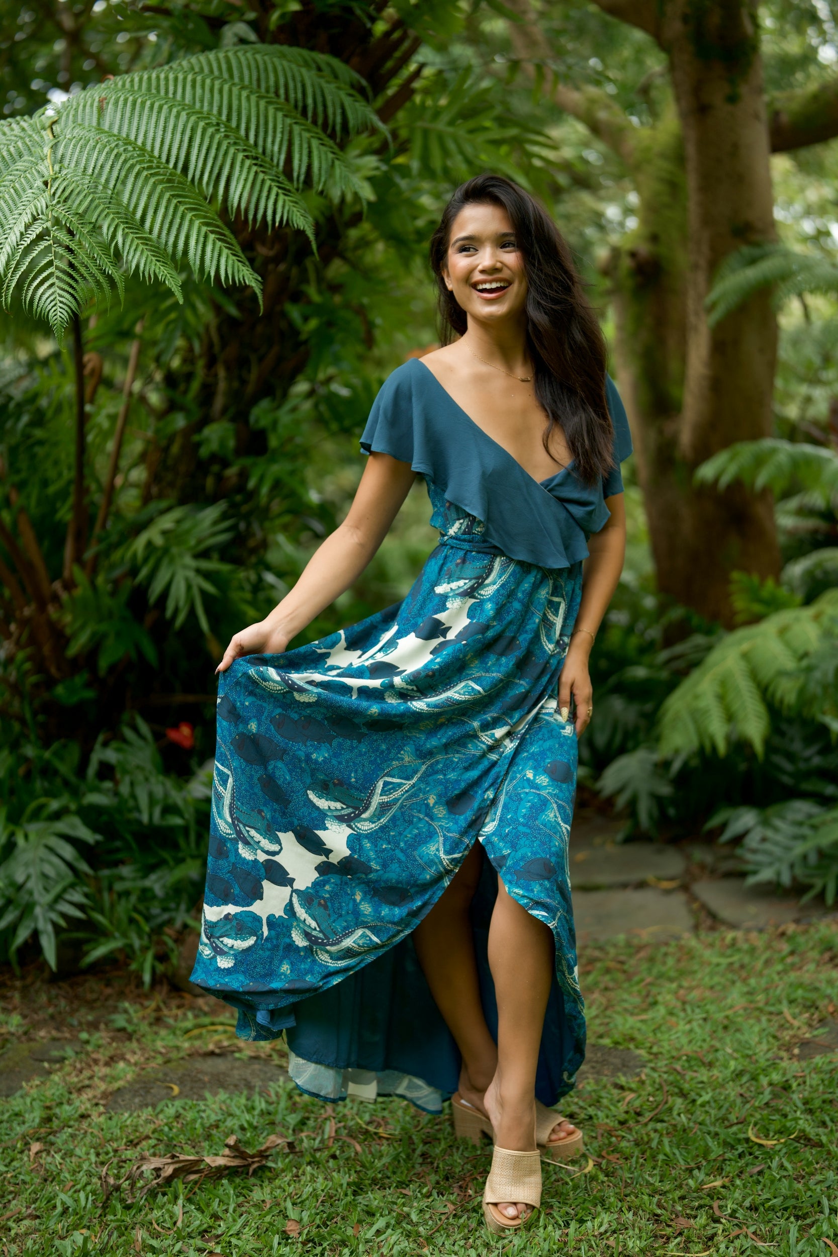 designer wrap dress Hidden He‘e Blue Ruffled V-Neck High-Low Designer Maxi Wrap Dress by David Shepard M