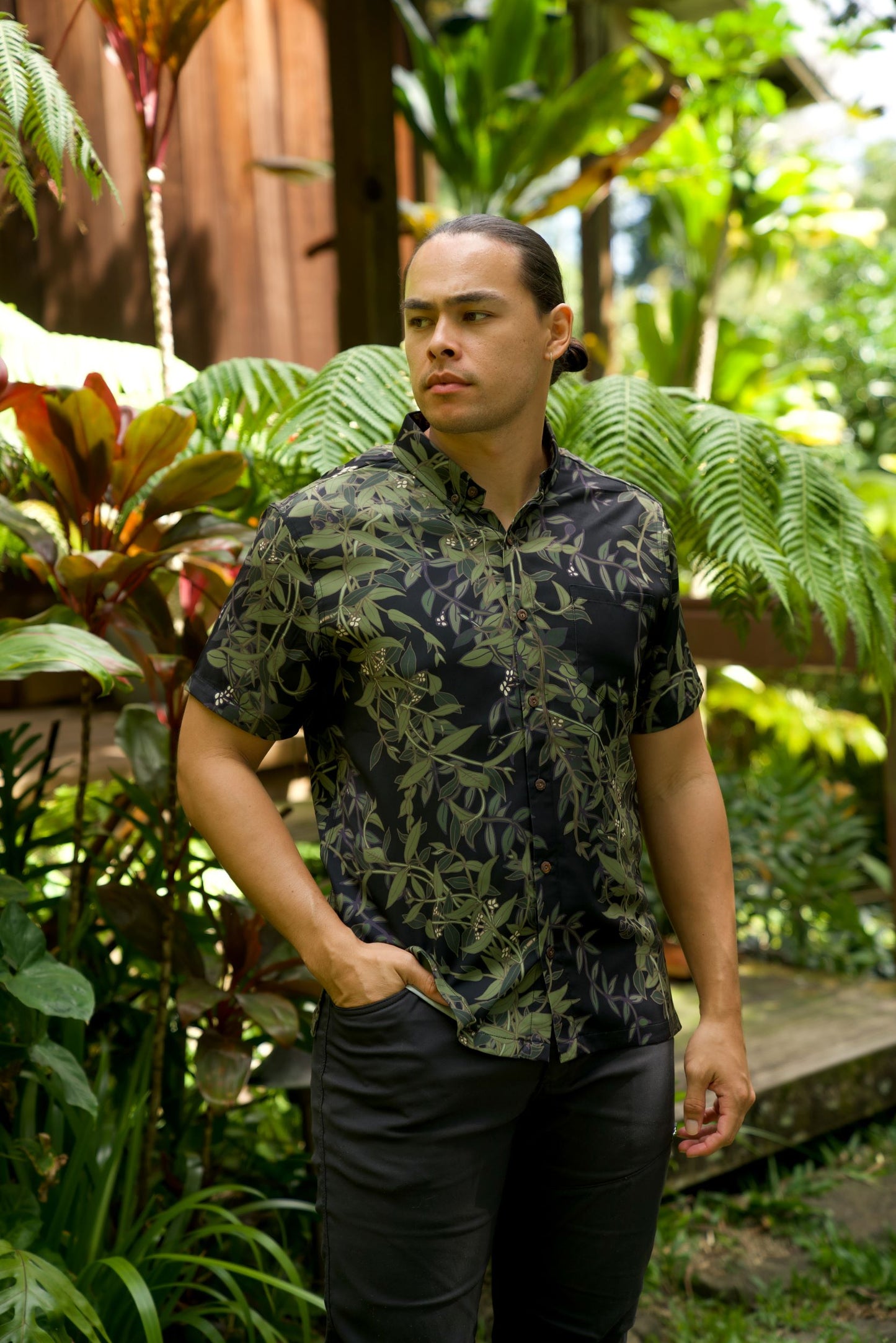 Maile Black Aloha Shirt (Iron Free)