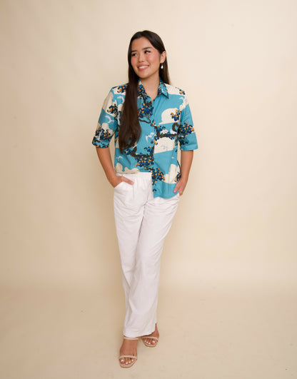 Manu-o-Kū & Flowering Hau Tree Women's Blue Half-sleeve Aloha Shirt