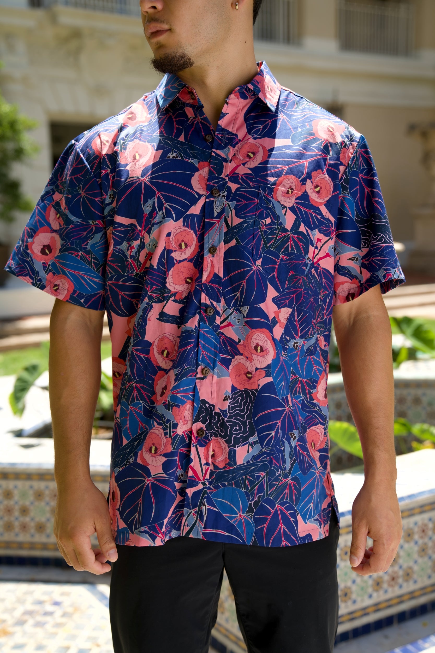 Flowering Hau Pink and Blue Aloha Shirt S Flowering Hau Pink and Blue Aloha Shirt S