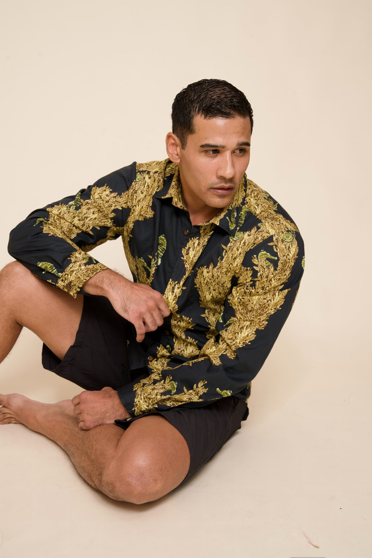 Limu Kala Gold Long Sleeve Tailored Aloha Shirt