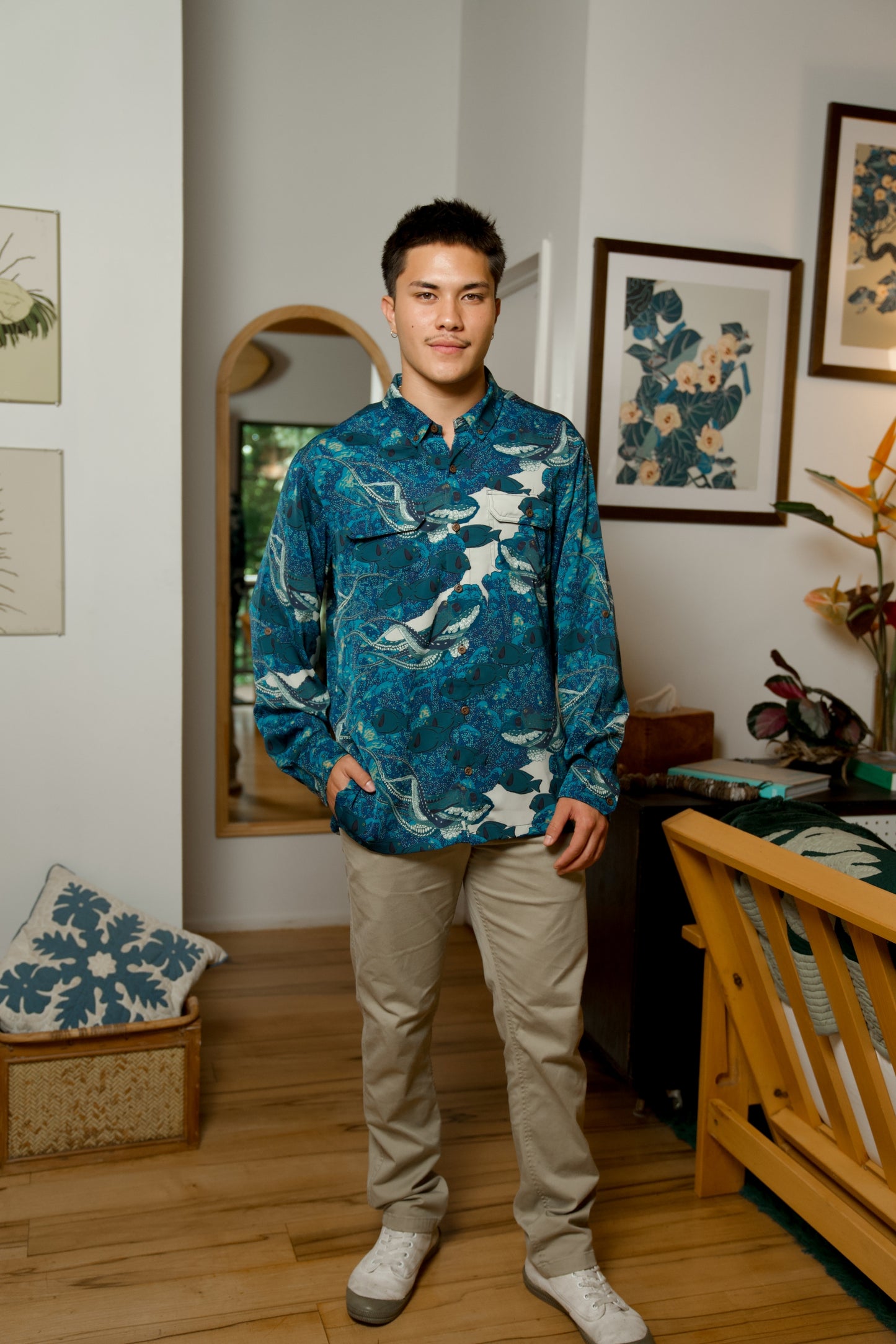 Hidden He‘e Long Sleeve Aloha Shirt (Iron Free)