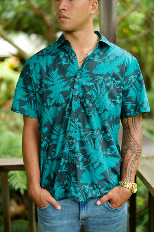 Teal Hāpu‘u Tree Fern Aloha Shirt