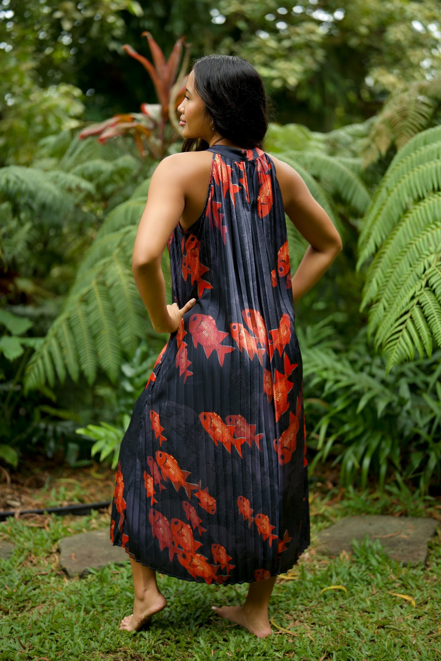Black and Red Maxi Dress Featuring Menpachi Fish