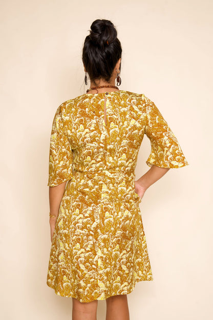 Golden Coral Bell Sleeve Dress