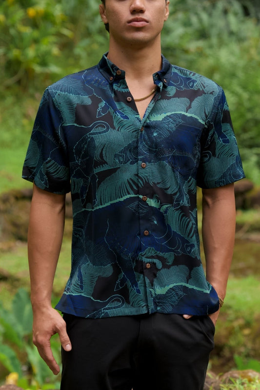 Kamapua'a Navy Aloha Shirt (Iron Free)