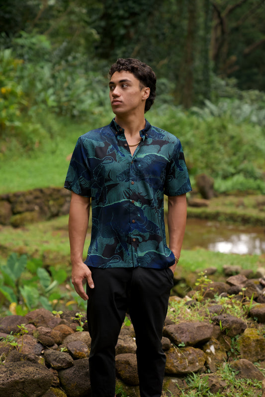 Kamapua'a Navy Aloha Shirt (Iron Free)