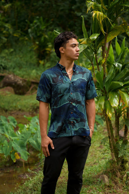 Kamapua'a Navy Aloha Shirt (Iron Free)