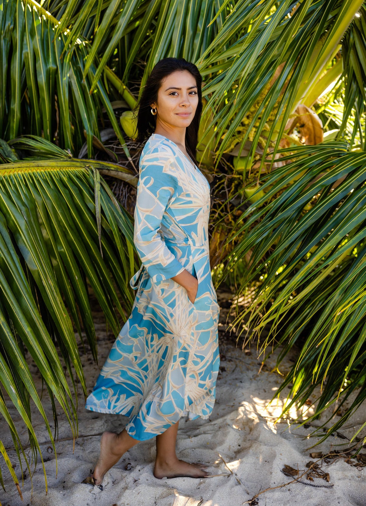 SKY BLUE LAU HALA Midi Wrap Dress – David Shepard Hawaiʻi