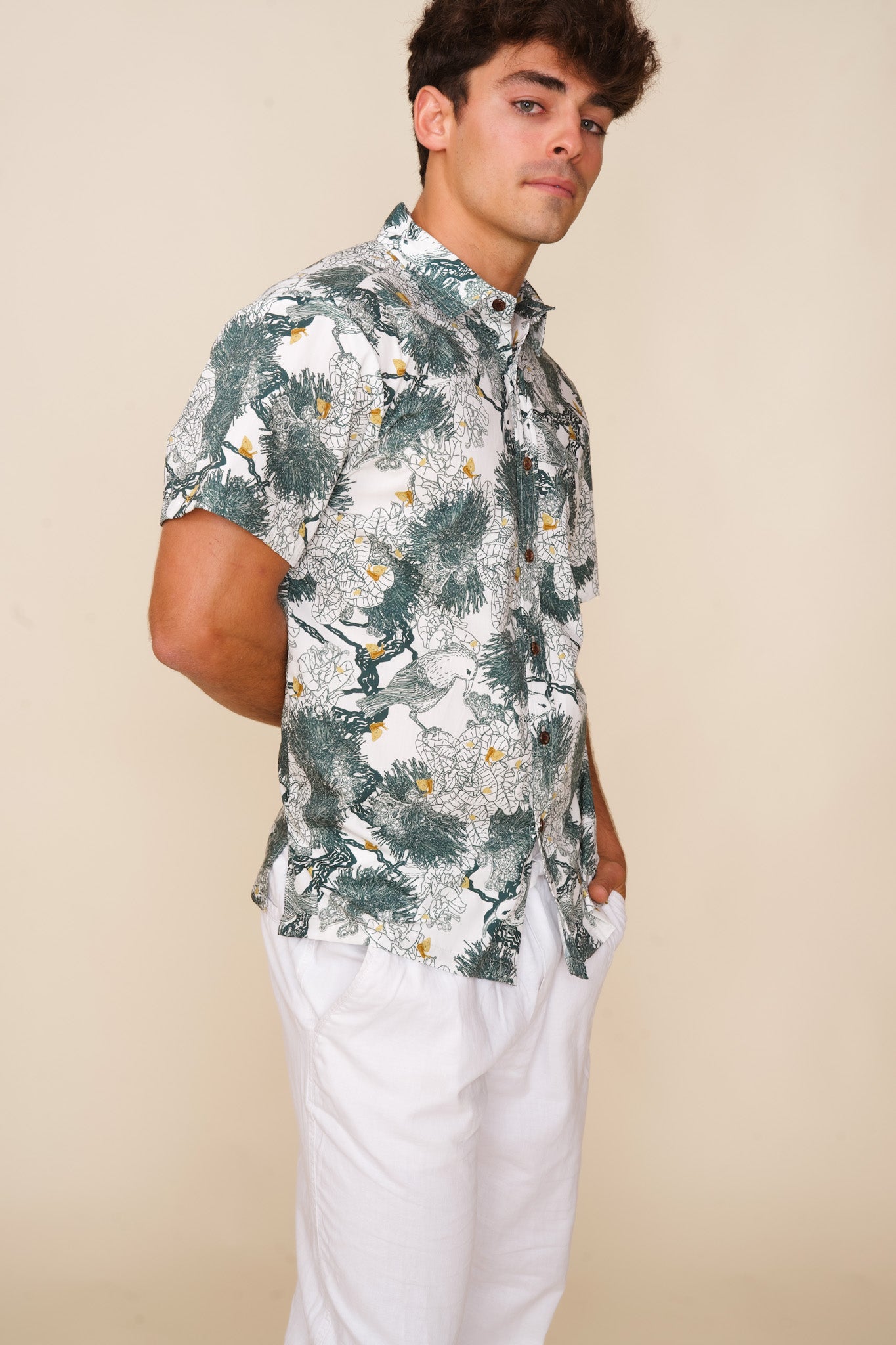 Kaniakapūpū Lehua Green on White Aloha Shirt – David Shepard Hawaii ...