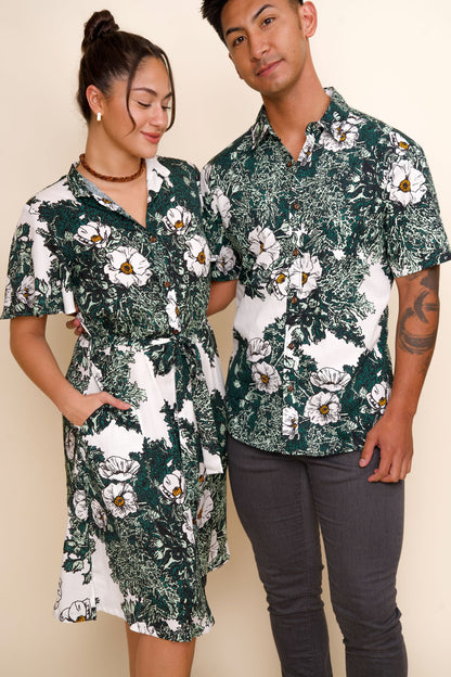 Puakala Green on White Aloha Shirt