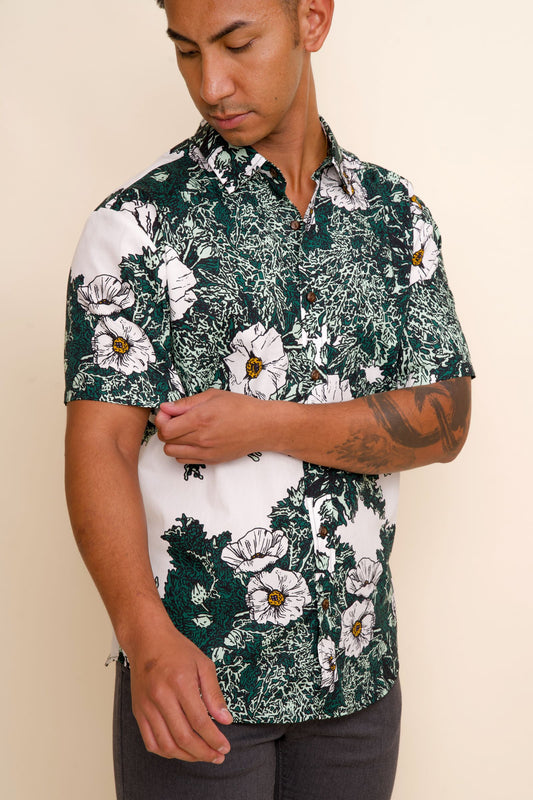 Puakala Green on White Aloha Shirt