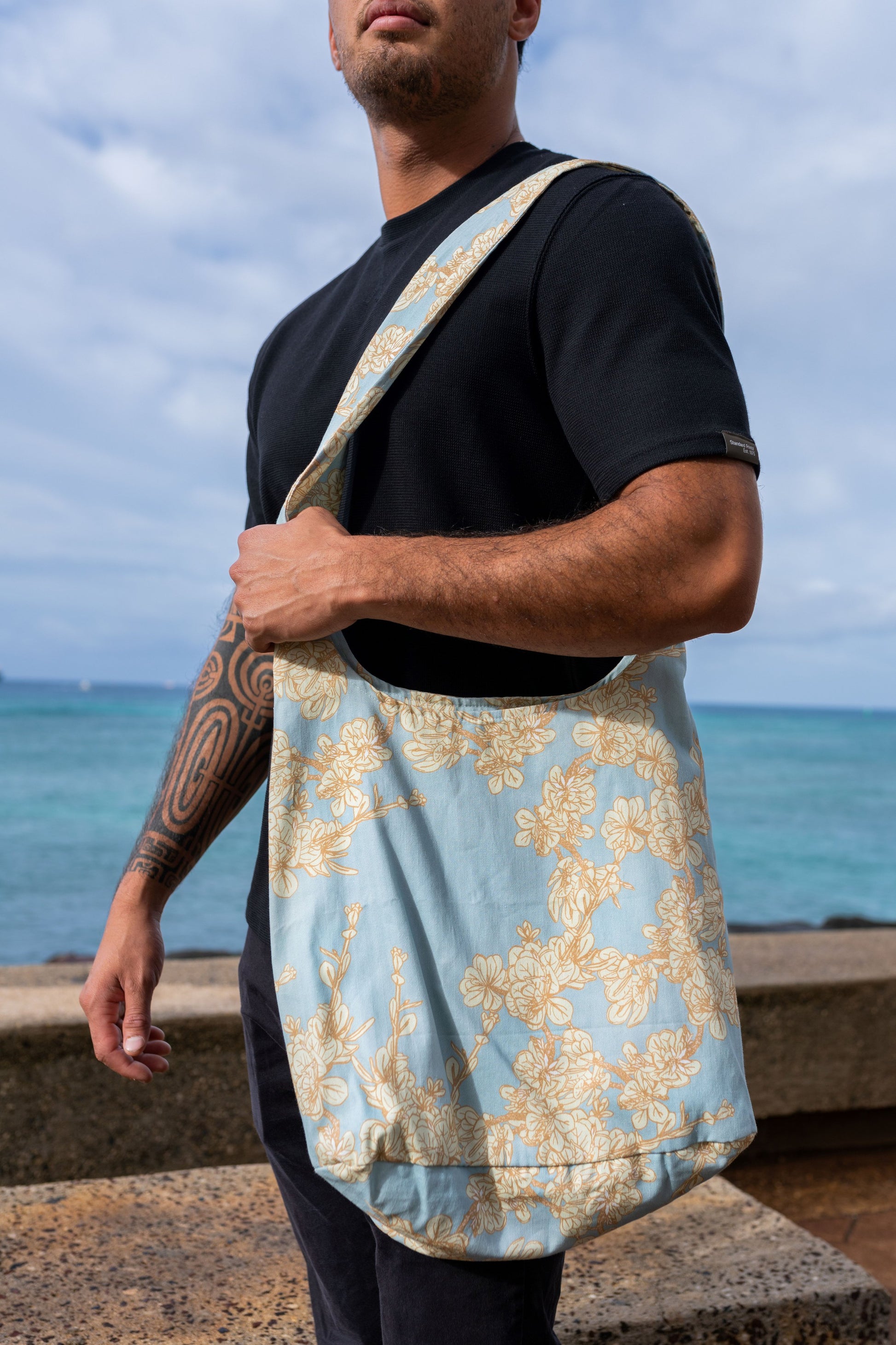 Reusable Hawaiian Print Blue Dwarf Naupaka Cotton Tote Bag