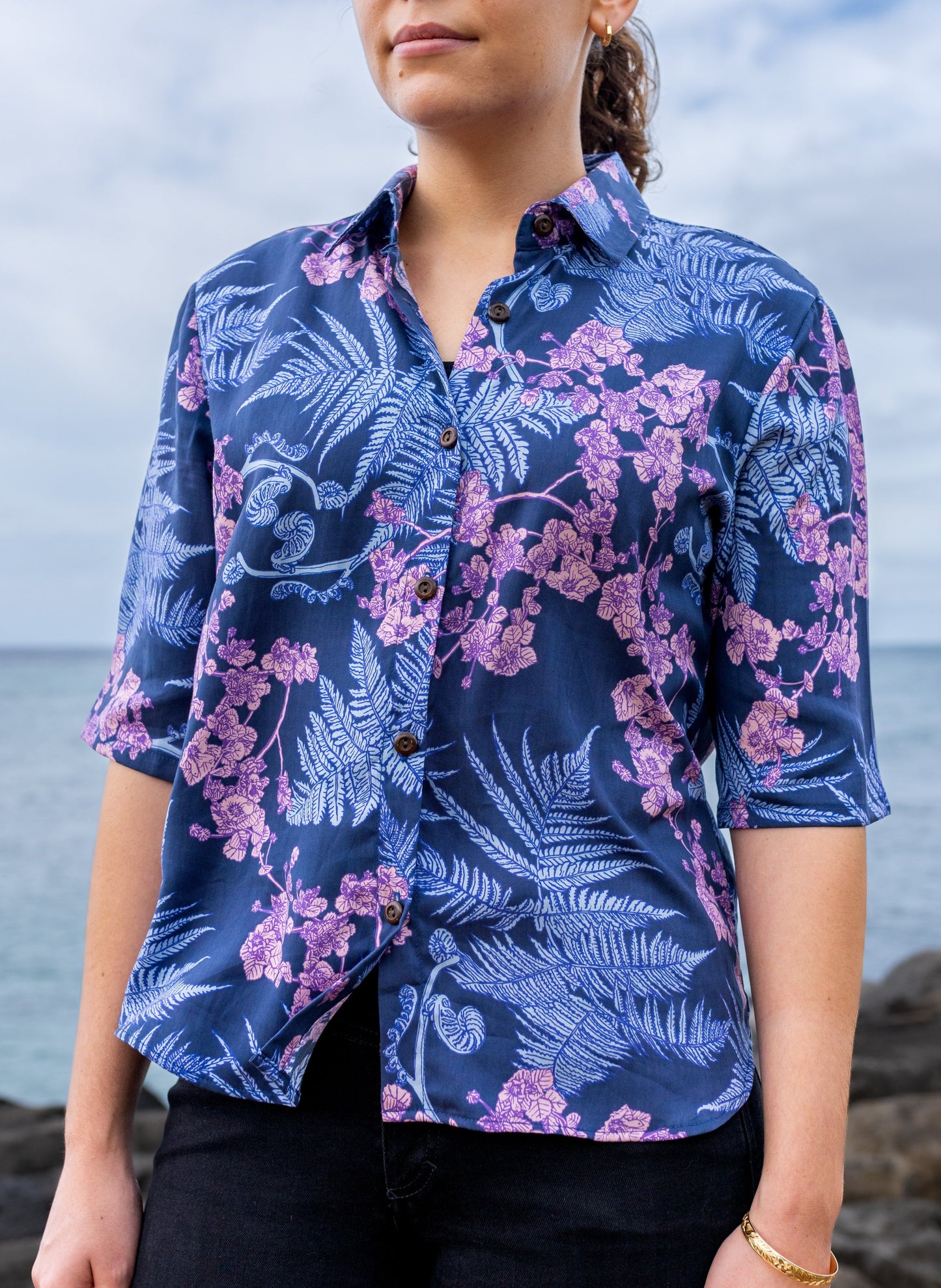 Blue Women's Half-sleeve Hawaiian Print Aloha Shirt