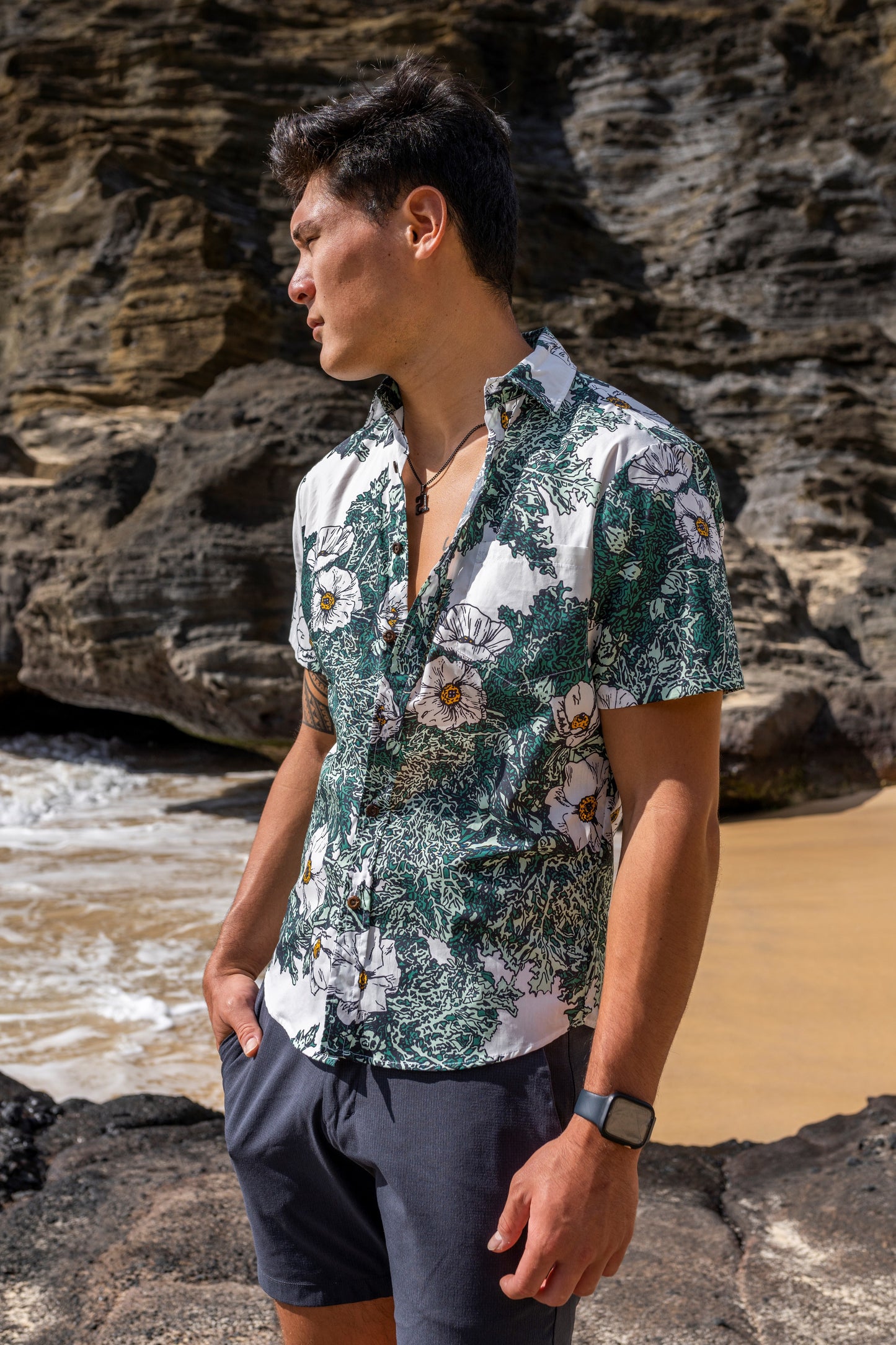 Puakala Green on White Aloha Shirt