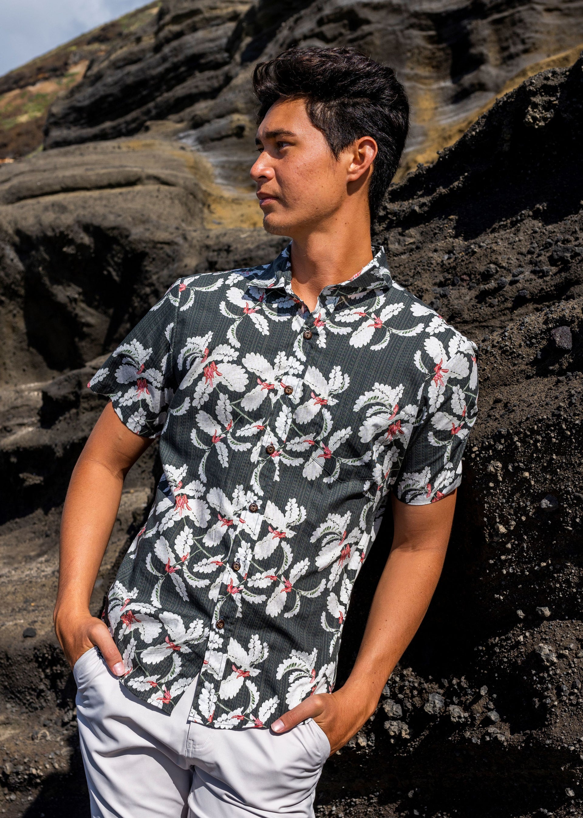 Lau Hala Black Aloha Shirt