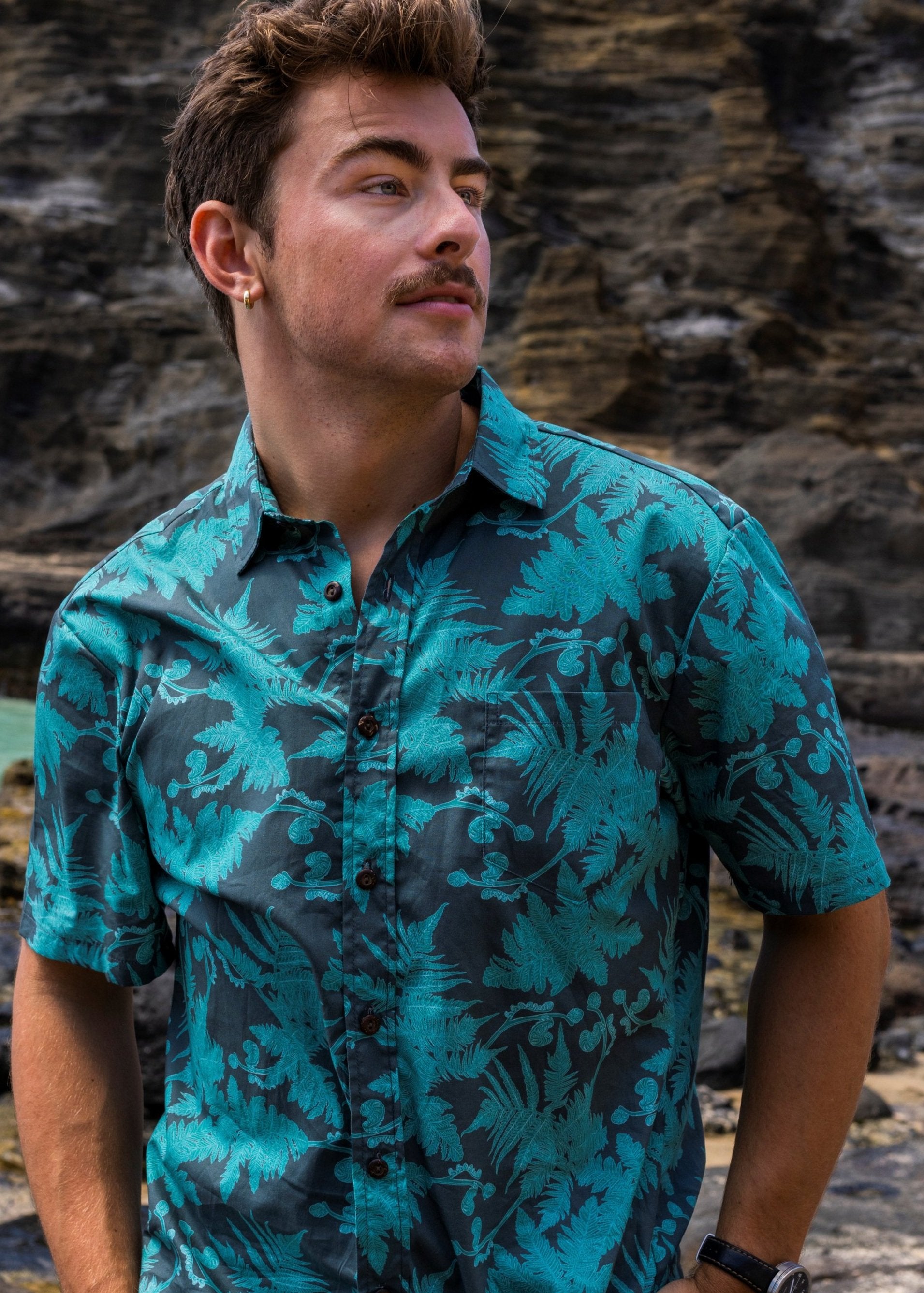 Teal H pu u Tree Fern Aloha Shirt