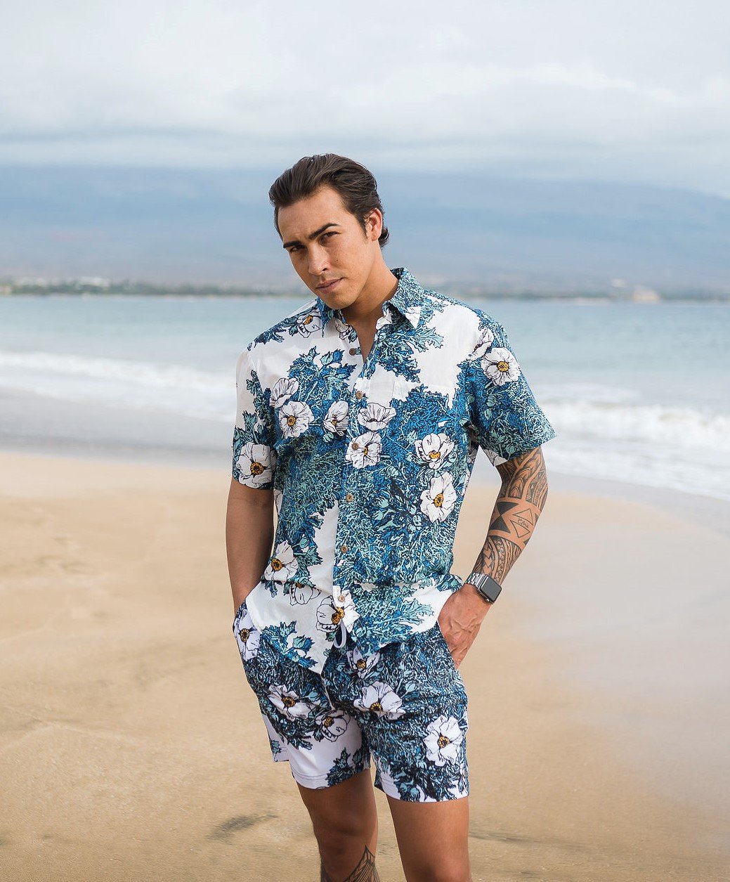 Puakala Blue on White Aloha Shirt