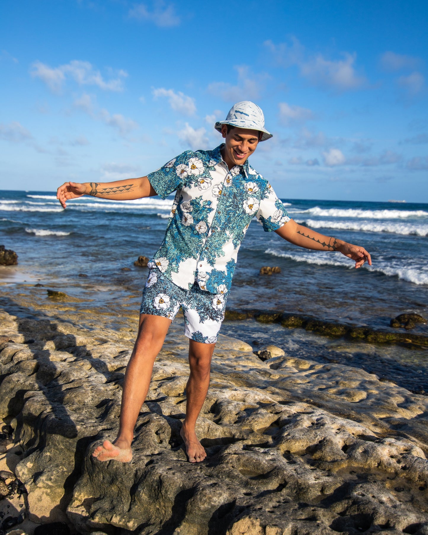 flower power blue hawaiian cotton shirt