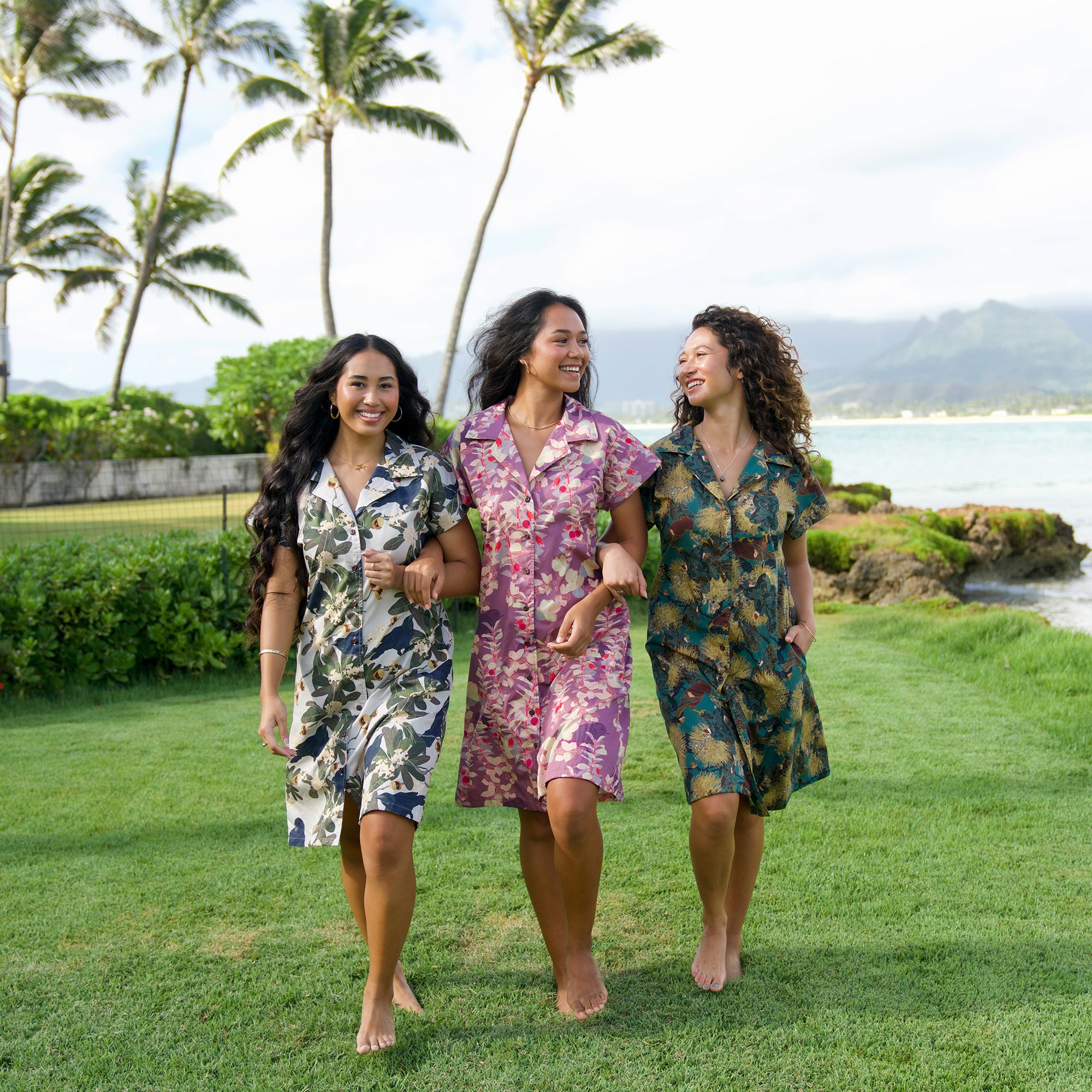 David Shepard Hawai'i 七分袖ワンピ XS 植物柄 グリーン David Shepard Hawaii - Modern Hawaiian Print Clothing – David