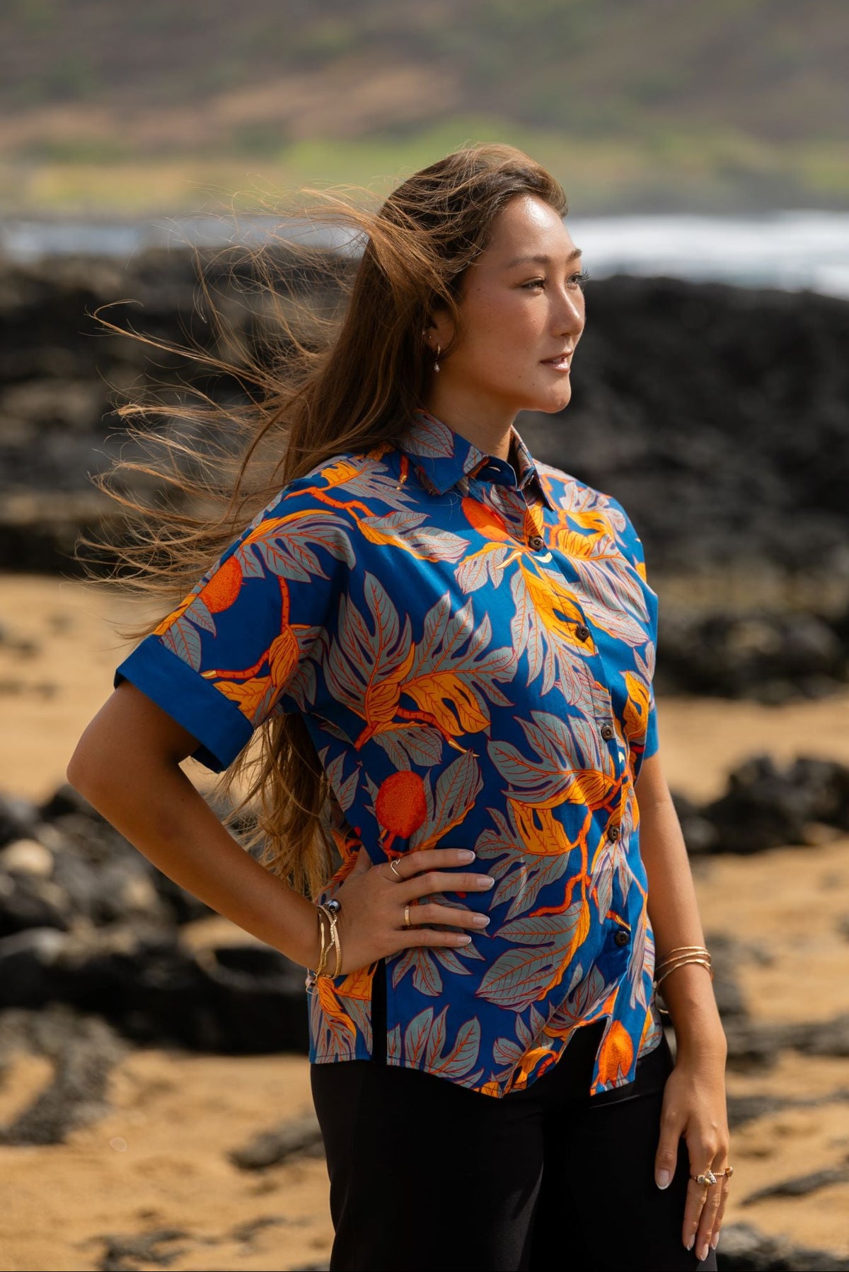 ʻUlu Orange & Blue Women's Aloha Shirt
