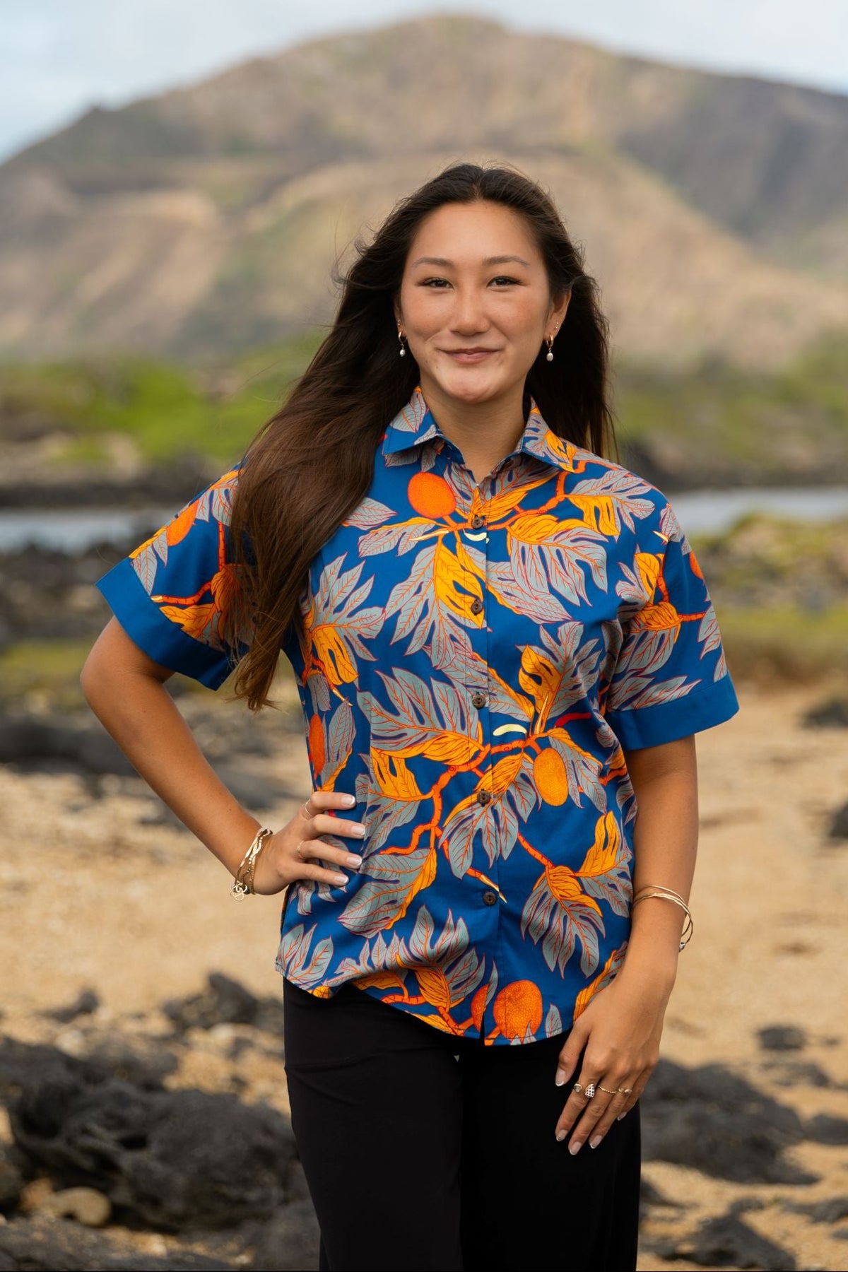 ʻUlu Orange & Blue Women's Aloha Shirt
