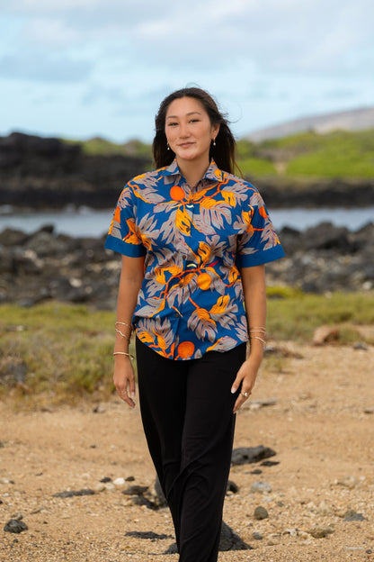 ʻUlu Orange & Blue Women's Aloha Shirt
