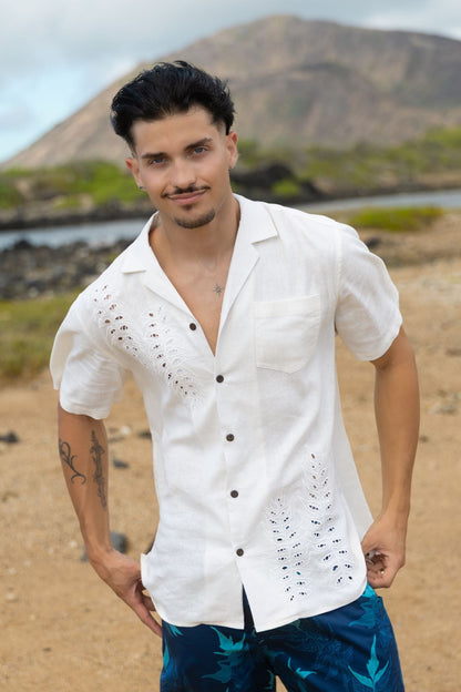 ‘Iwa‘Iwa Fern White Linen Vintage Cut Aloha Shirt