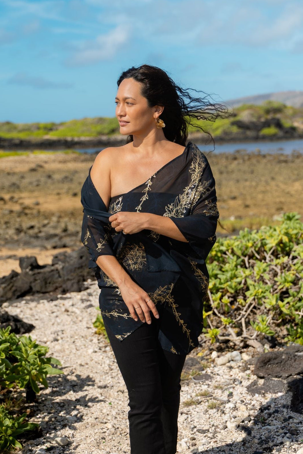 Maile Gold & Black Draping Cover-up