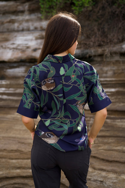‘Elepaio & Insects on Koa Women's Aloha Shirt