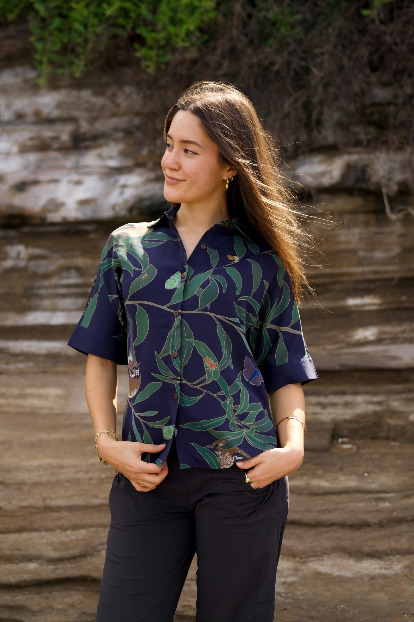 ‘Elepaio & Insects on Koa Women's Aloha Shirt