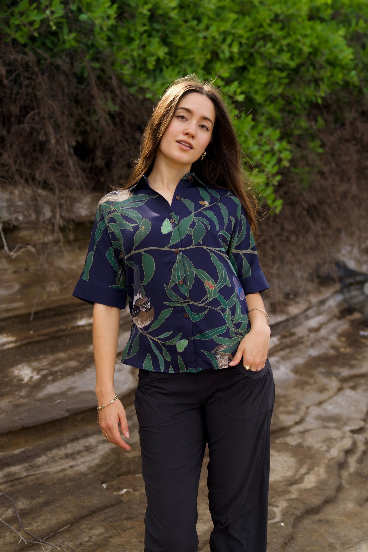 ‘Elepaio & Insects on Koa Women's Aloha Shirt