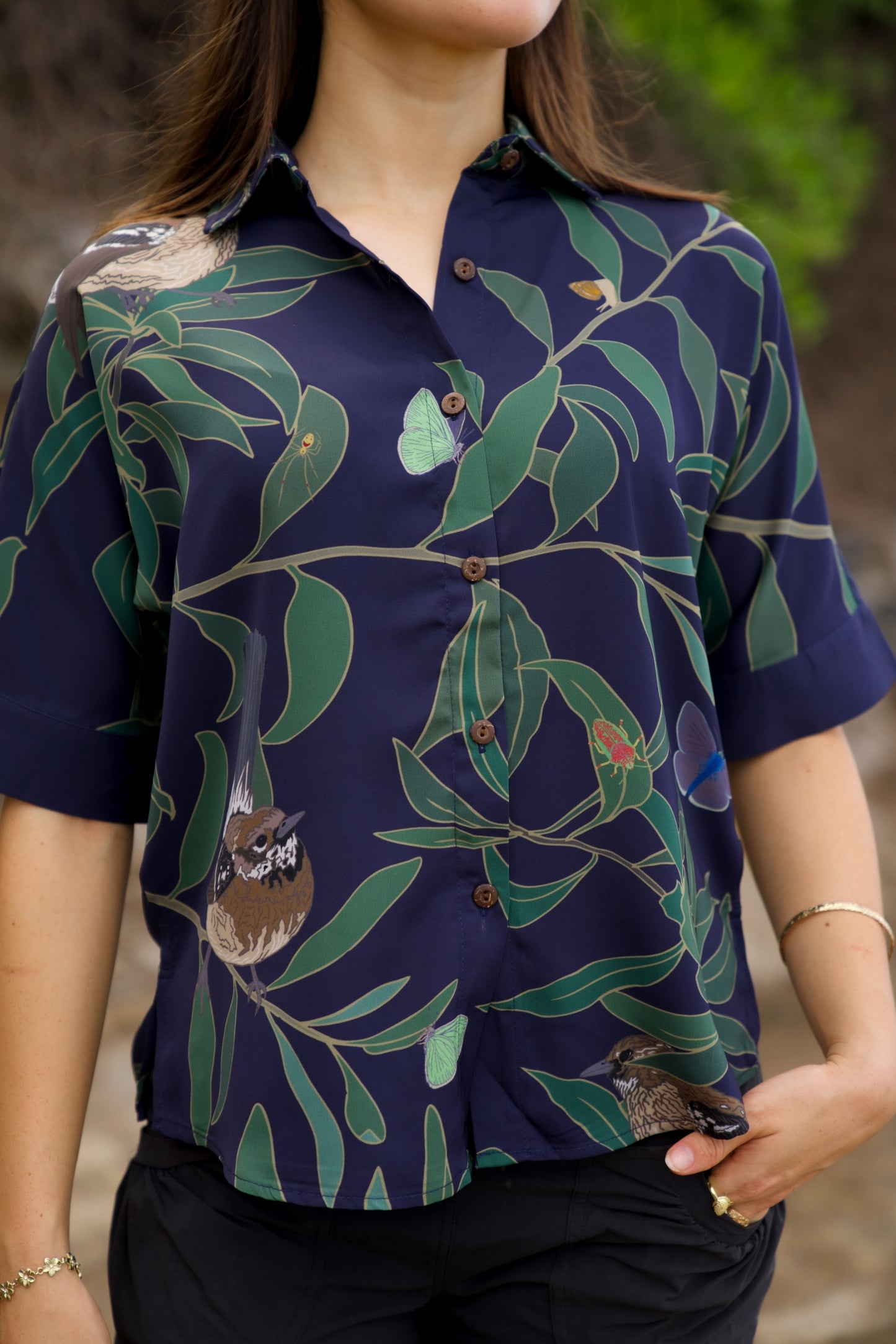 ‘Elepaio & Insects on Koa Women's Aloha Shirt