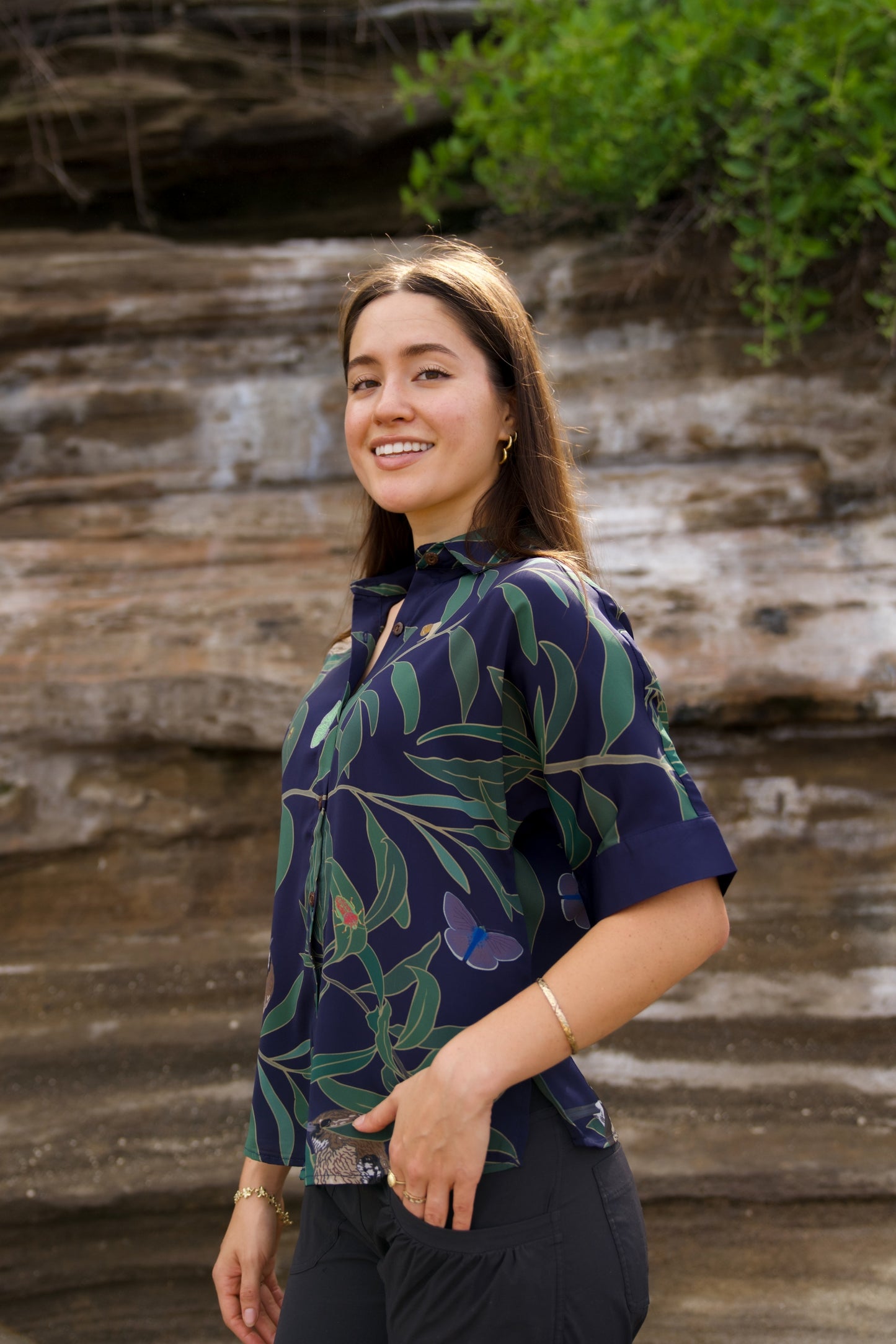 ‘Elepaio & Insects on Koa Women's Aloha Shirt
