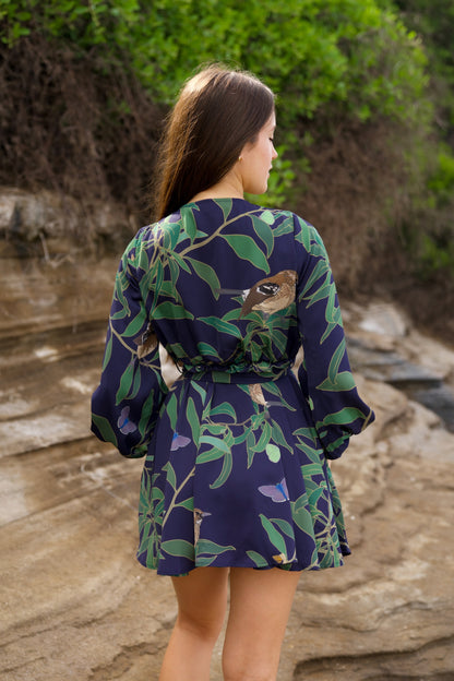 ‘Elepaio & Insects on Koa Long Sleeve Mini Dress