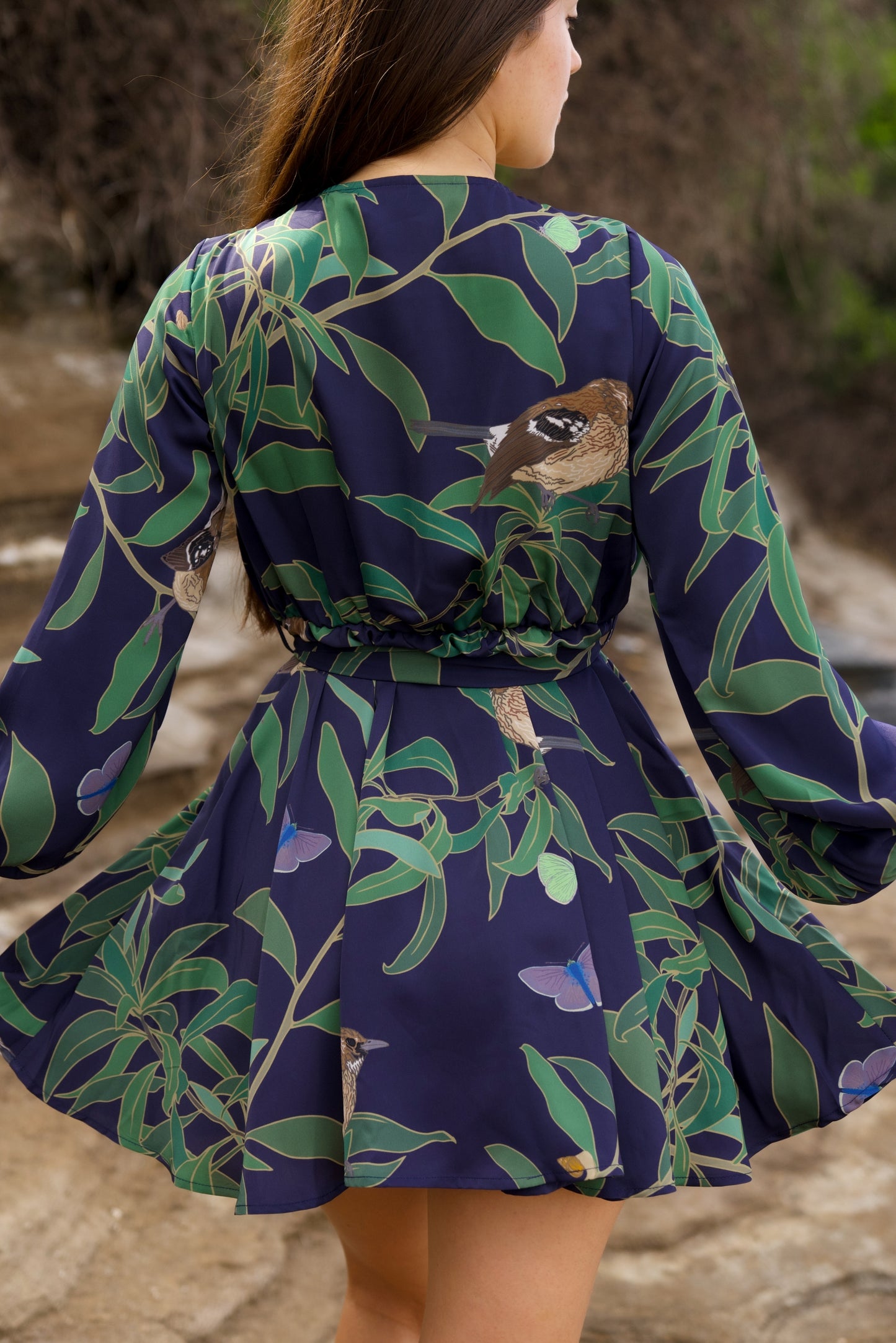 ‘Elepaio & Insects on Koa Long Sleeve Mini Dress