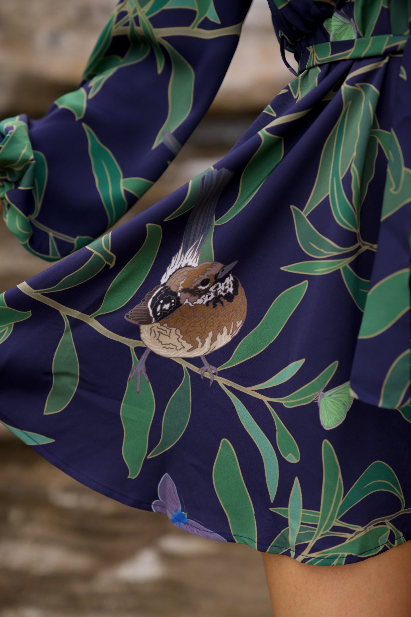 ‘Elepaio & Insects on Koa Long Sleeve Mini Dress