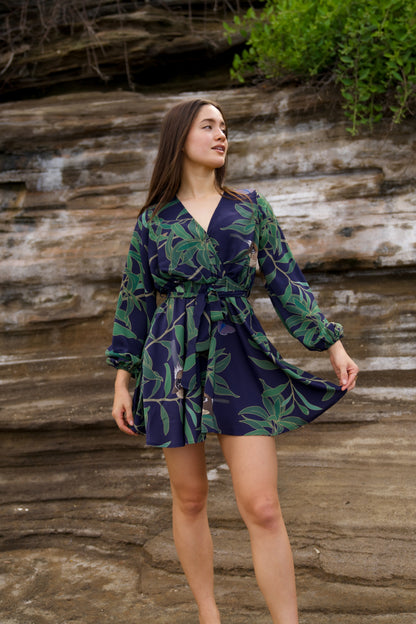 ‘Elepaio & Insects on Koa Long Sleeve Mini Dress