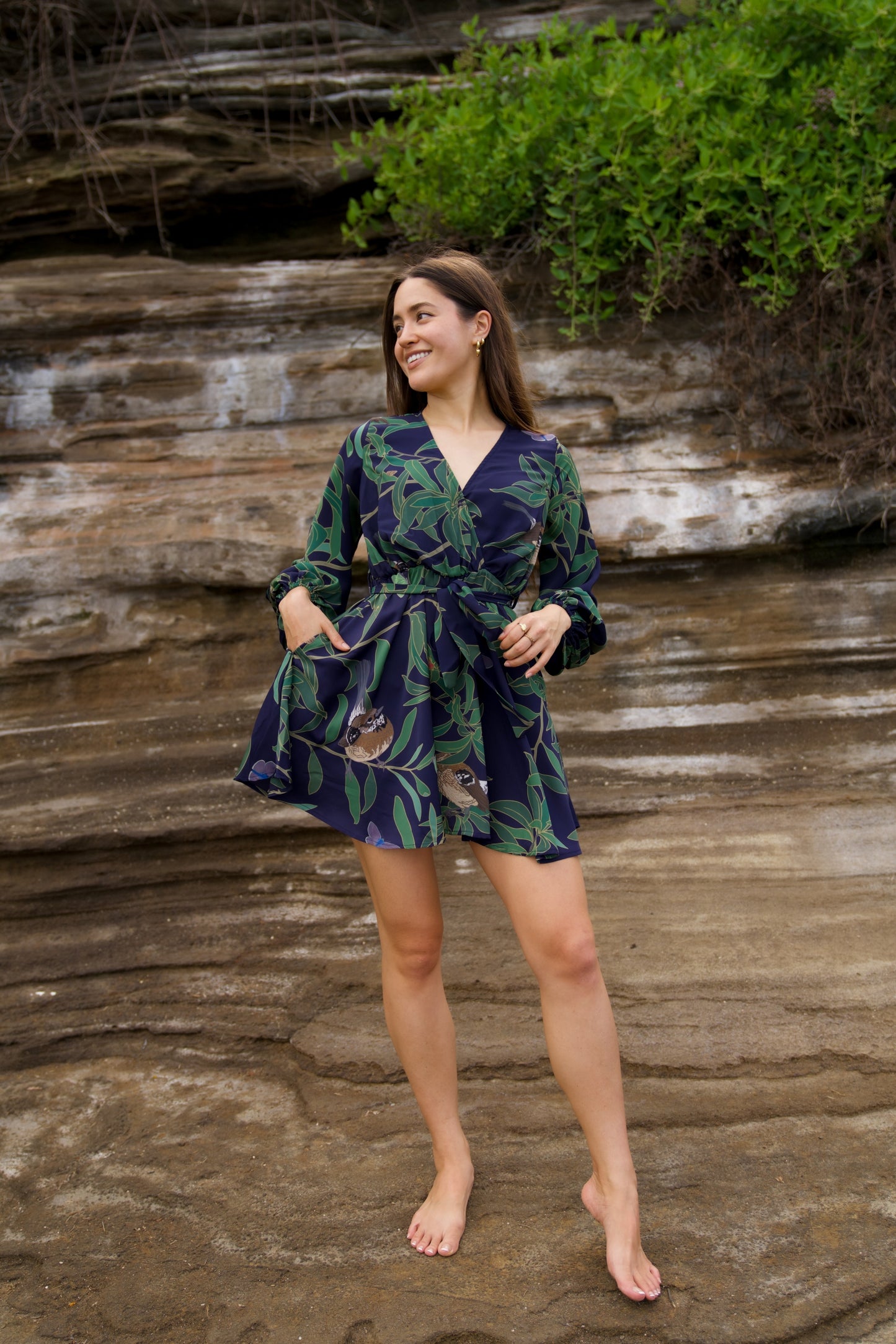 ‘Elepaio & Insects on Koa Long Sleeve Mini Dress