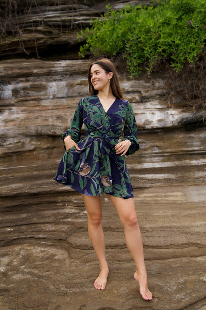 ‘Elepaio & Insects on Koa Long Sleeve Mini Dress