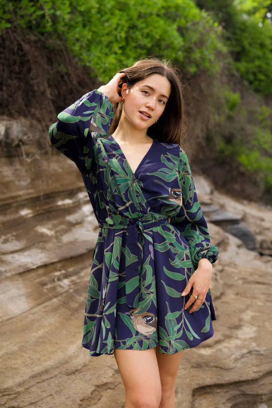 ‘Elepaio & Insects on Koa Long Sleeve Mini Dress