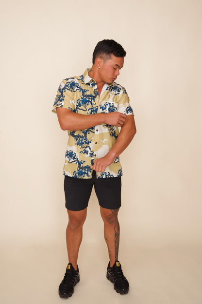 Manu-o-Kū & Flowering Hau Tree Blonde Aloha Shirt