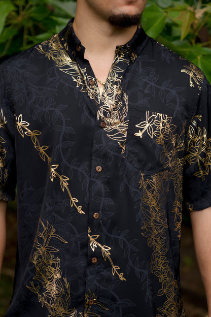 Maile Gold & Black Aloha Shirt (Iron Free)