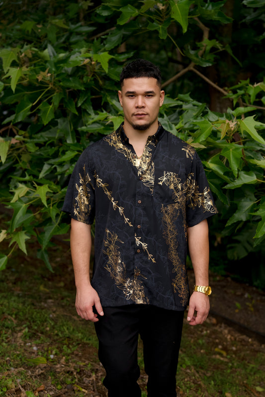 Gold Maile Black Aloha Shirt (Iron Free)
