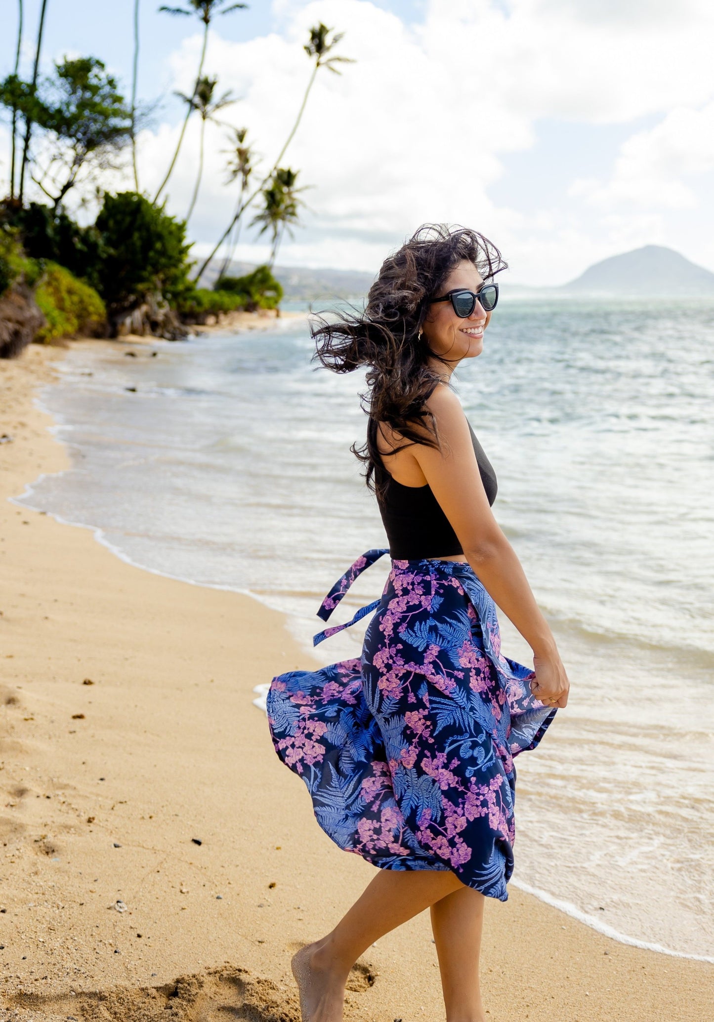 Blue and Pink Hāpuʻu ‘ilima Midi Wrap Skirt