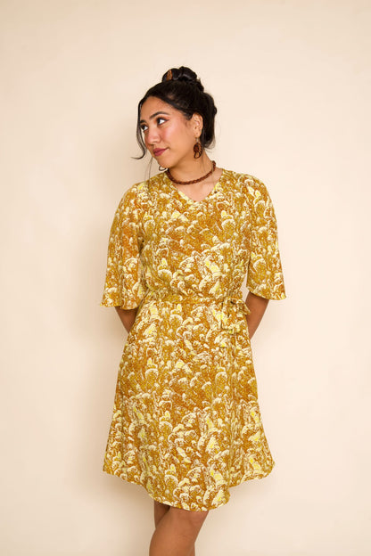 Golden Coral Hawaiian Print Bell Sleeve Dress