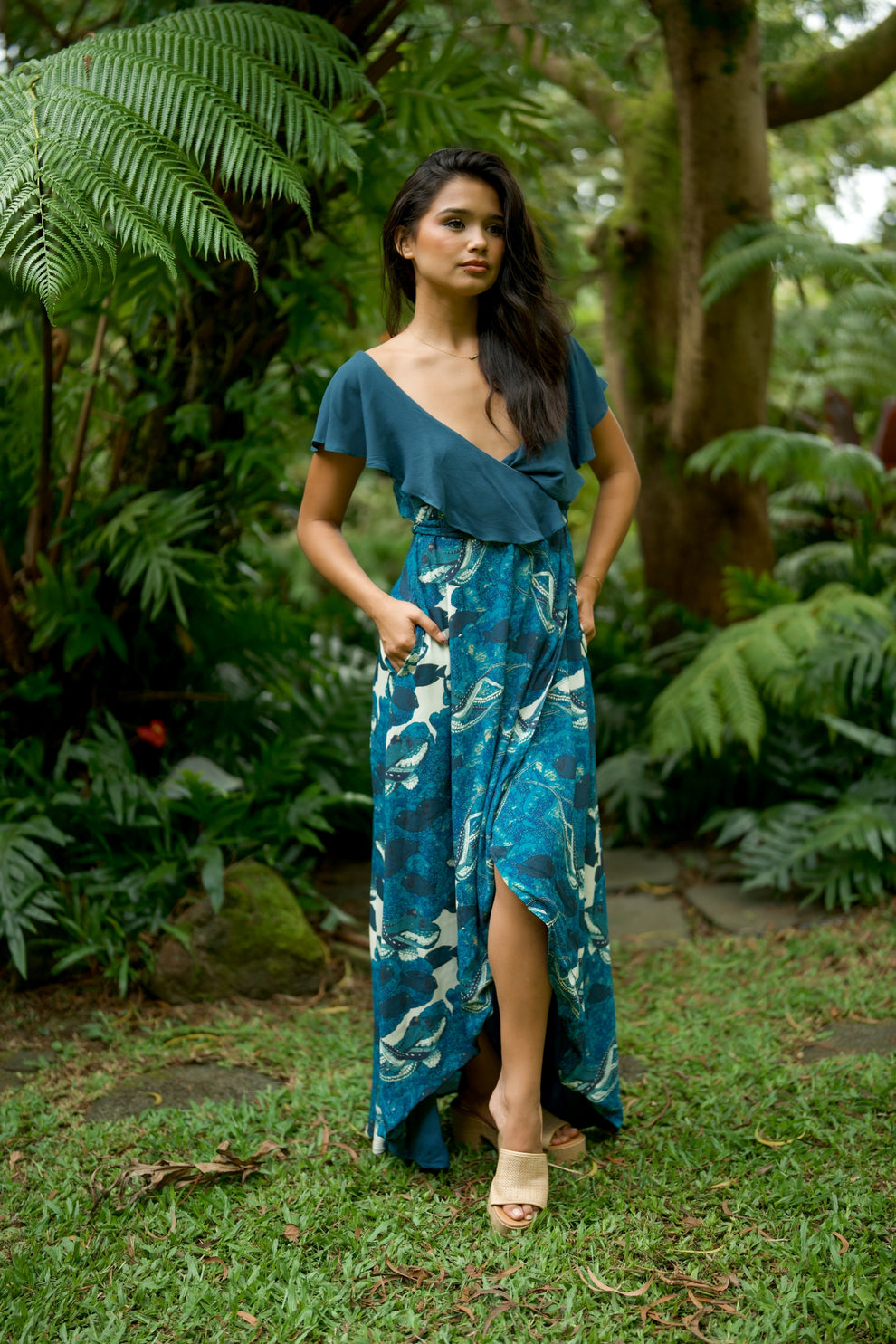 Hidden He‘e Blue Ruffled V-Neck High-Low Designer Maxi Wrap Dress by ...