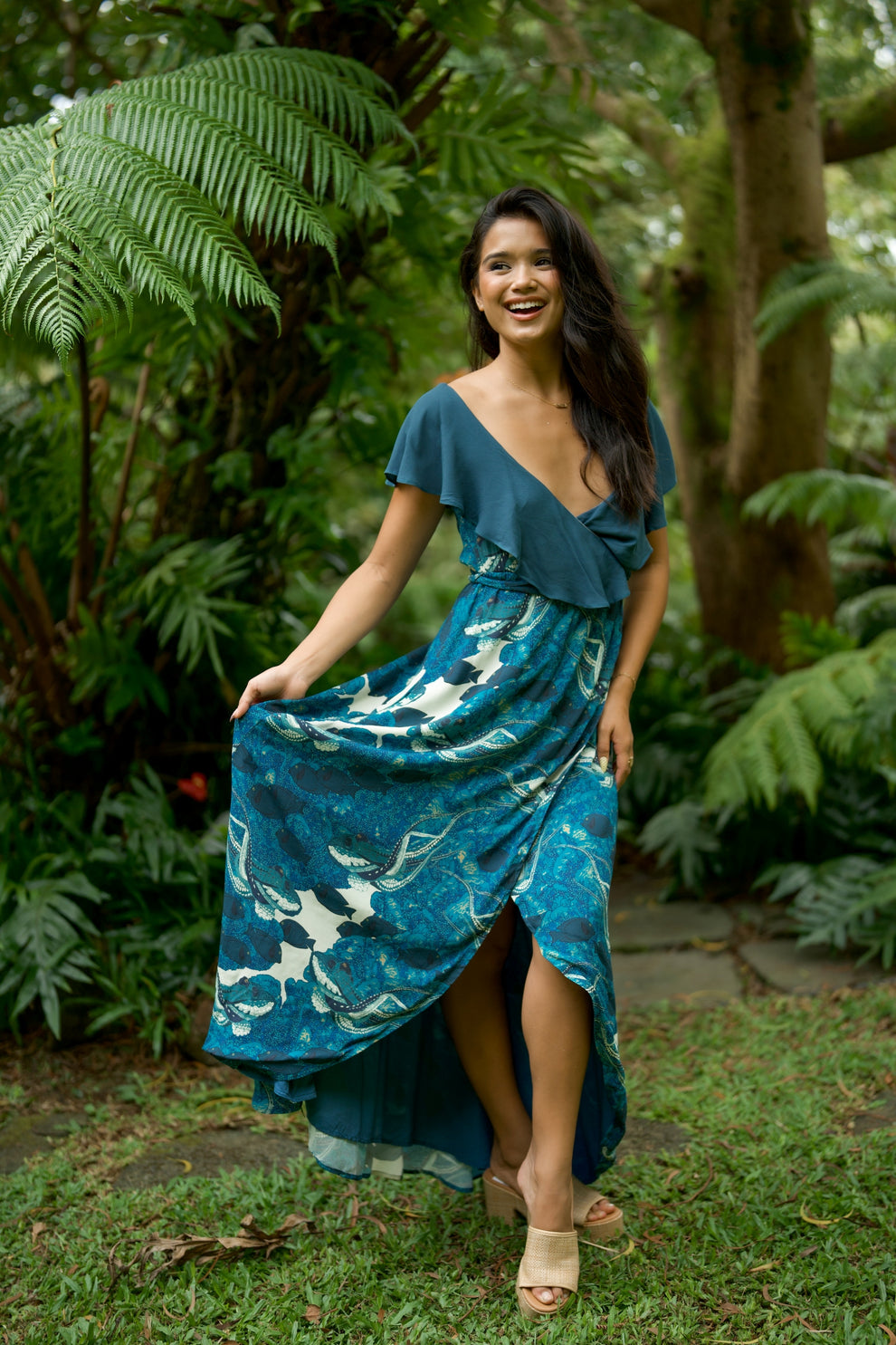 Hidden He‘e Blue Ruffled V-Neck High-Low Designer Maxi Wrap Dress by ...